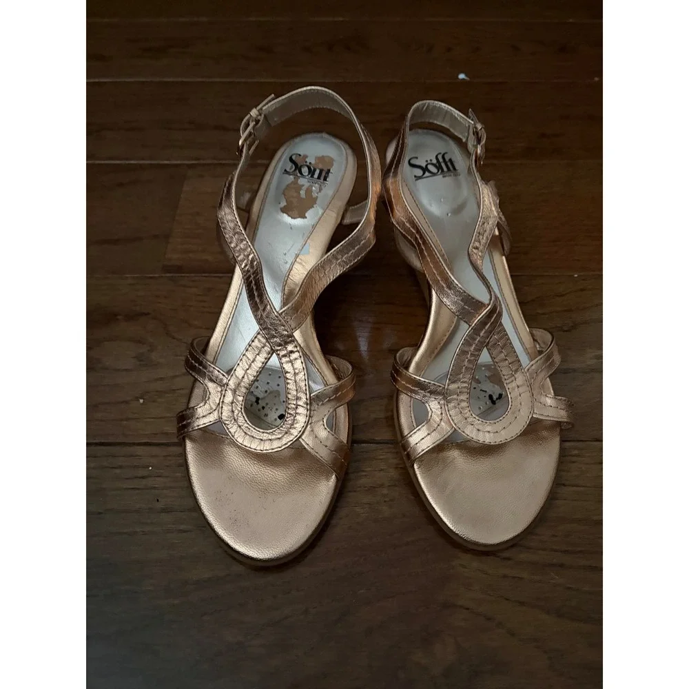 Sofft Rose Gold Metallic Leather Strappy Cork‎ Wedge Sandals Womens 9M